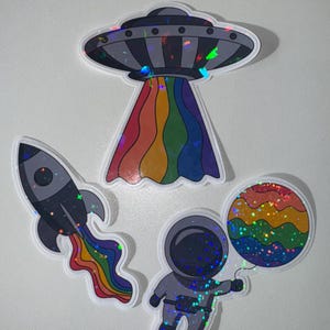 Glitterastronaut, raket, ufo Galaxy Gay Pride-stickers, LGBTQ+ holografische Pride-vlagstickers met ruimtethema, stickers Galaxy Pride Month