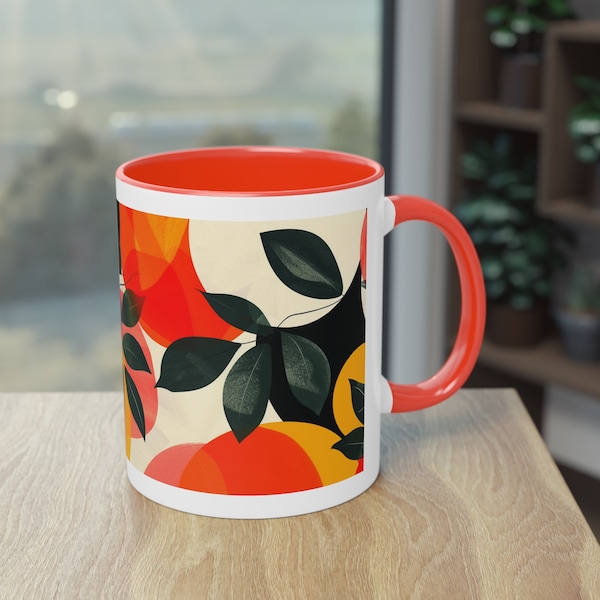 Citrus & Leaves Bold Mug, Retro Orange Lemon Tea Cup, Modern Kitchen Decor, Cheerful Gift for Citrus Lover