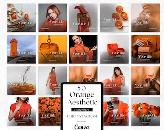 Modelos de mídia social em laranja, posts e stories do Canva (download digital)