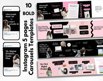Modelos de carrossel do Instagram no Canva em negrito, preto e rosa | 10 slides de growth hacking para coaches | Pacote de planos de produtos digitais editáveis