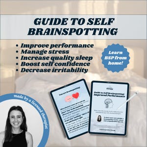 Może przedstawiać: Obraz przewodnika po samobrainspottingu. Przewodnik wymienia korzyści, takie jak poprawa wydajności i radzenie sobie ze stresem. Dwa tablety wyświetlają informacje, jeden z grafiką mózgu i serca. Widoczny jest również tekst "Learn BSP from home!"