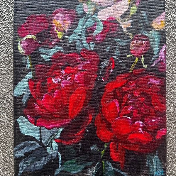 Crimson Dreams - Peinture florale acrylique originale - Pivoines sombres et de mauvaise humeur