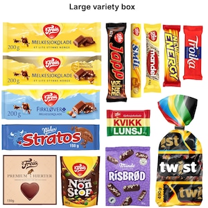 Bonbonnière variée avec chocolat norvégien classique, choix entre différentes tailles. Livraison gratuite ! Joliment emballé, c'est une excellente idée cadeau !