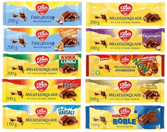 Free shipping! Large Freia chocolate bars (150-200g/5.3-7.0oz each). Classic Norwegian milk chocolate, choose amount and different flavors