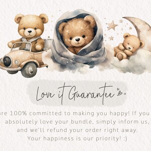 Op de afbeelding: Een aquarel-illustratie van drie teddyberen. E&eacute;n beer rijdt een vintage auto, een ander is gewikkeld in een blauwe deken en de derde slaapt op een wolk met een halve maan. De tekst "Love it Guarantee" staat onder de beren.