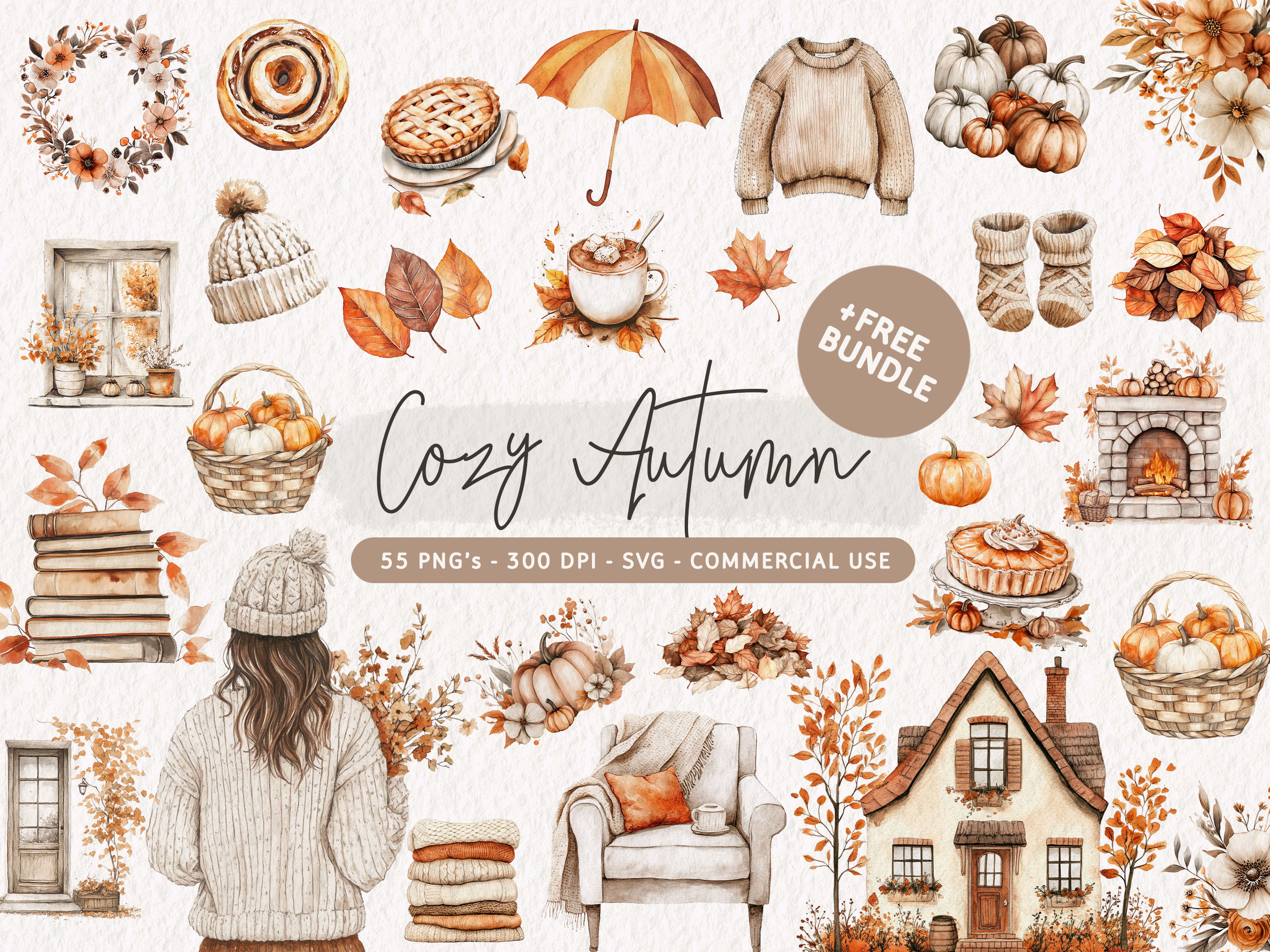 Watercolor Autumn Clipart Bundle, Cozy Autumn PNG, Fall Clip Art, Pumpkin SVG, Cottagecore Fall Illustrations, Rustic Autumn Graphics