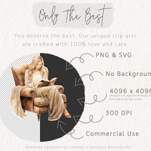 May include: A watercolor illustration of a woman sitting in a brown armchair, reading a book. The image has a transparent background and is available in PNG and SVG formats. The image is 4096 x 4096 pixels and 300 DPI.