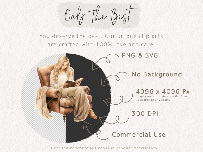 May include: A watercolor illustration of a woman sitting in a brown armchair, reading a book. The image has a transparent background and is available in PNG and SVG formats. The image is 4096 x 4096 pixels and 300 DPI.