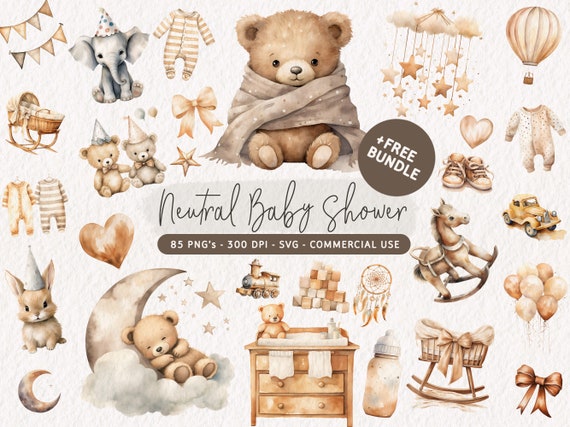 Neutral Baby Shower Clipart, Watercolor Baby Shower PNG, Boho Baby Clip art Bundle, Cute Nursery Animal Decor, Newborn SVG, Child Graphics