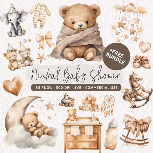 Clipart neutre baby shower, aquarelle baby shower PNG, lot de cliparts Boho bébé, décoration animal mignon chambre de bébé, nouveau-né SVG, graphiques enfant