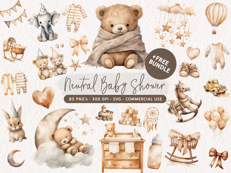 Op de afbeelding: Een set van 85 aquarel illustraties voor een babyshower. De illustraties hebben een neutrale kleurenpalet van bruin, beige en cr&egrave;me. De illustraties omvatten een teddybeer, een schommelpaard, een babywieg, een trein, een luchtballon, een ster, een maan, een hart, een strik, een babyfles, een baby-outfit en meer.