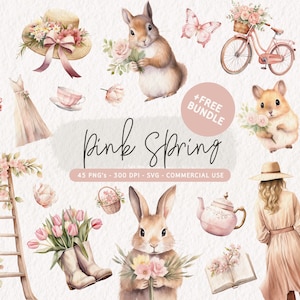 Rosa Frühling Clipart-Bundle, Aquarell Frühling Clip Art Set, Frühling PNG-Grafiken, Frühlingsblumen SVG, süße Frühlingsillustration kommerzielle Nutzung
