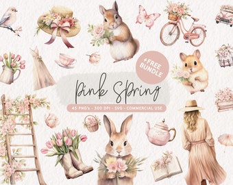 Pacchetto di clipart primaverili rosa, set di clipart primaverili ad acquerello, grafica PNG primaverile, fiori primaverili SVG, illustrazione primaverile carina per uso commerciale