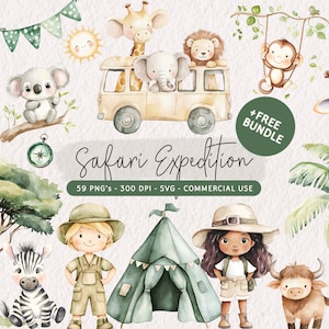 Imágenes prediseñadas de animales de safari lindos, animales de la selva PNG, imágenes prediseñadas de África en acuarela, SVG de animales bebés, decoración de guardería para baby shower