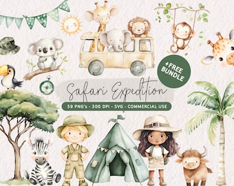 Cute Safari Animals Clipart, Jungle Animals PNG, Watercolor Africa Clip Art, Baby Animal SVG, Baby Shower Nursery Decor