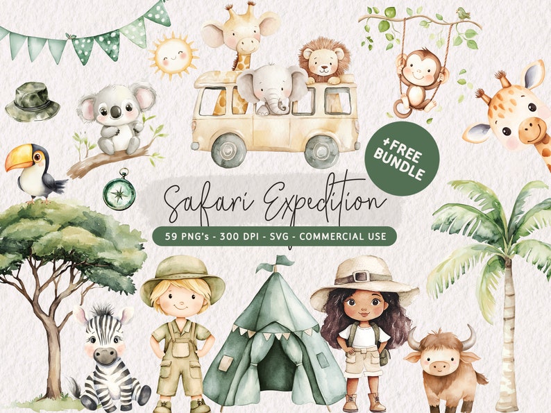 Cute Safari Animals Clipart, Jungle Animals PNG, Watercolor Africa Clip