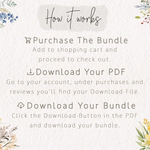 Puede incluir: Una ilustraci&oacute;n digital con bordes florales de acuarela muestra instrucciones sobre c&oacute;mo comprar y descargar un paquete de productos digitales. El texto dice: "C&oacute;mo funciona", "Comprar el paquete", "A&ntilde;adir al carrito y proceder al pago.", "Descargar tu PDF", "Ve a tu cuenta, en compras y rese&ntilde;as encontrar&aacute;s tu archivo de descarga.", "Descargar tu paquete", "Haz clic en el bot&oacute;n de descarga en el PDF y descarga tu paquete."