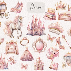Pink Princess Clipart Bundle, Watercolor Princess Clip Art Set, Fantasy ...