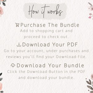 K&ouml;nnte beinhalten: Eine rosa florale Grafik mit dem Text "How it works" und Anweisungen zum Kauf und Herunterladen eines digitalen Produktpakets. Die Anweisungen beinhalten das Hinzuf&uuml;gen des Pakets zum Warenkorb, das Auschecken, das Herunterladen einer PDF-Datei und das Klicken auf einen Download-Button in der PDF, um das Paket herunterzuladen.