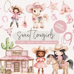 Pacchetto di clipart di graziose cowgirl, clipart rosa western, PNG di cowgirl, SVG di cowgirl, grafica acquerello del selvaggio West, clip art di cowboy baby shower
