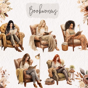 May include: Five women are sitting in armchairs reading books. The women are wearing casual clothing and have different hair colors. The armchairs are upholstered in brown fabric and have wooden frames. The background is a light beige color with floral accents.