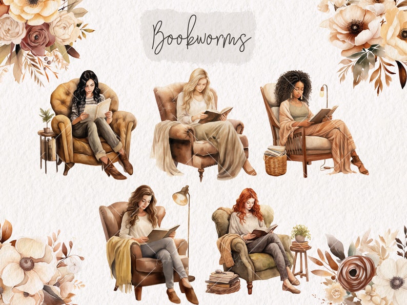 May include: Five women are sitting in armchairs reading books. The women are wearing casual clothing and have different hair colors. The armchairs are upholstered in brown fabric and have wooden frames. The background is a light beige color with floral accents.