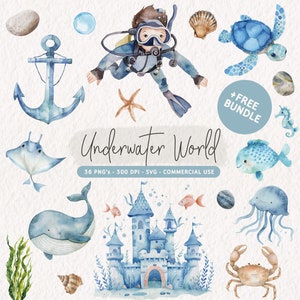 Watercolor Underwater Clipart Bundle, Cute Ocean Animals PNG, Undersea SVG Graphics, Sea Nursery Decor, Underwater Birthday Party