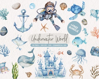 Watercolor Underwater Clipart Bundle, Cute Ocean Animals PNG, Undersea SVG Graphics, Sea Nursery Decor, Underwater Birthday Party