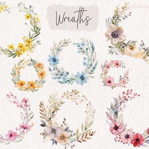 Puede incluir: Un conjunto de nueve coronas florales de acuarela en varios colores, incluyendo amarillo, azul, rosa y blanco. Las coronas est&aacute;n dispuestas en c&iacute;rculo y presentan una variedad de flores y hojas. El texto "Wreaths" est&aacute; escrito en cursiva en la parte superior de la imagen.