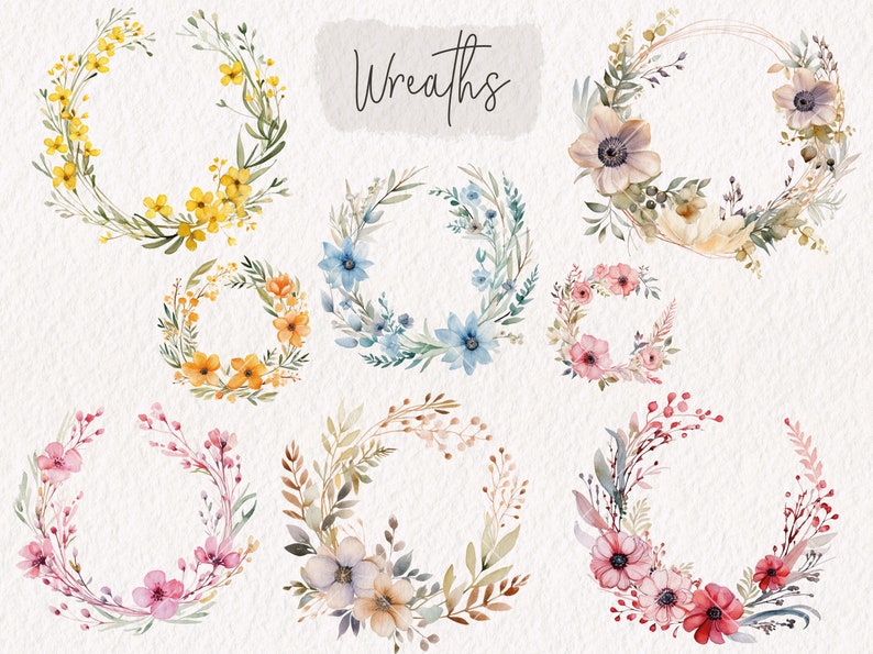 Puede incluir: Un conjunto de nueve coronas florales de acuarela en varios colores, incluyendo amarillo, azul, rosa y blanco. Las coronas est&aacute;n dispuestas en c&iacute;rculo y presentan una variedad de flores y hojas. El texto "Wreaths" est&aacute; escrito en cursiva en la parte superior de la imagen.
