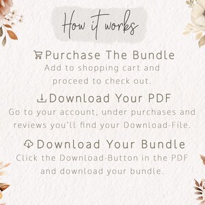 May include: A digital illustration with a floral design in shades of brown and white. The text "How it works" is at the top of the image. The text below explains how to purchase and download a digital product.