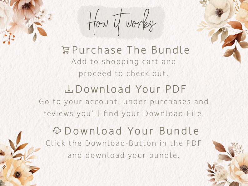 May include: A digital illustration with a floral design in shades of brown and white. The text "How it works" is at the top of the image. The text below explains how to purchase and download a digital product.