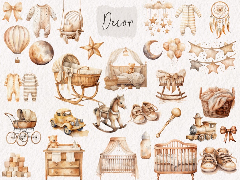 Op de afbeelding: Een verzameling aquarel illustraties met kinderkamerdecoratie in een neutrale kleurenpalet. De illustraties omvatten een wieg, een wiegje, een schommelpaard, een speelgoedtrein, een kinderwagen, een droomvanger, een sterrenkrans, een maan-en-sterrenmobiel, een teddybeer en een set babykleding.