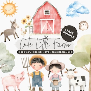 Niedliches Bauernhof Clipart-Bundle, Aquarell Bauernhof Clip Art, Baby Bauernhof PNG, Tier Baby-Dusche-Dekor, Geschenk für Kinder, Bauernhof SVG, Partyeinladung