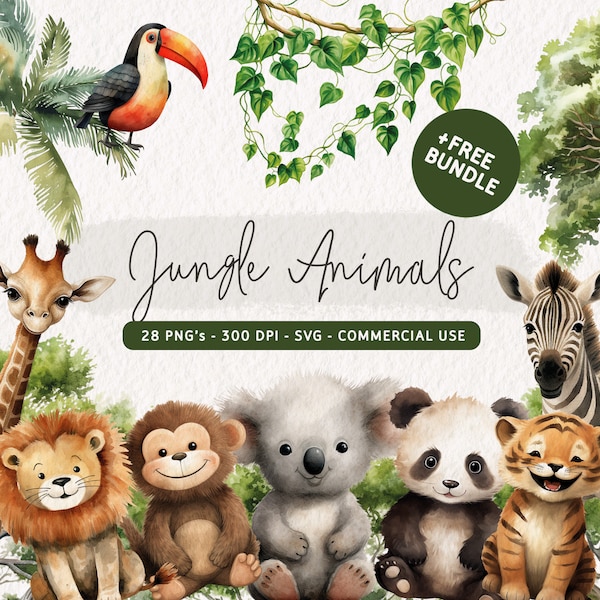 Baby Jungle Animals Clipart, Watercolor Jungle Clip Art Bundle, Jungle Baby Shower Clipart, Safari Baby Animal PNG, Jungle Animal SVG