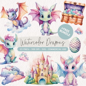 Watercolor Dragon Clipart Bundle, Pastel Dragon Clip Art Set, Fantasy Dragon PNG, Cute Dragon SVG, Baby Dragon Graphics, Dragon Illustration