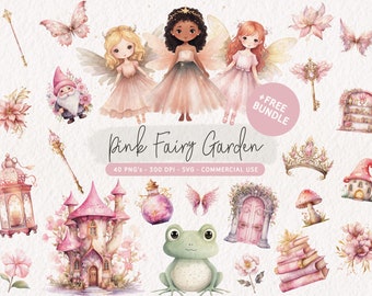 Pink Fairy Clipart Bundle, Watercolor Fairy Garden Clip Art, Cute Fairies PNG, Magical Fairy SVG, Fantasy Clipart Set, Fairy Birthday Set