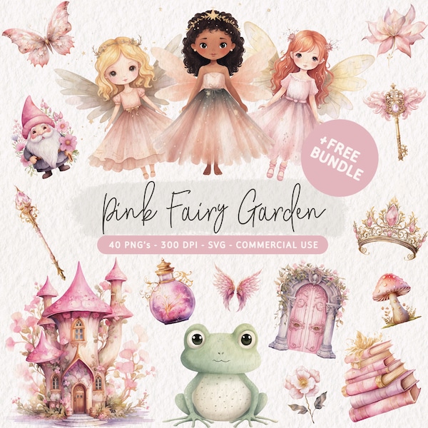 Pink Fairy Clipart Bundle, Watercolor Fairy Garden Clip Art, Cute Fairies PNG, Magical Fairy SVG, Fantasy Clipart Set, Fairy Birthday Set