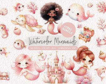 Watercolor Mermaid Clipart Bundle, Pink Mermaid Clip Art Set, Cute Mermaids PNG, Cute Sea Animals, Mermaid SVG, Sea Life Clipart, Nautical