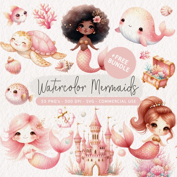 Watercolor Mermaid Clipart Bundle, Pink Mermaid Clip Art Set, Cute Mermaids PNG, Cute Sea Animals, Mermaid SVG, Sea Life Clipart, Nautical