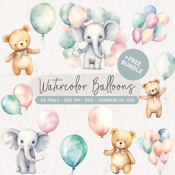 Pastel Balloons Clipart Bundle, Watercolor Balloons PNG, Pastel Birthday Balloon SVG, Party Balloons Graphics, Balloon Illustrations