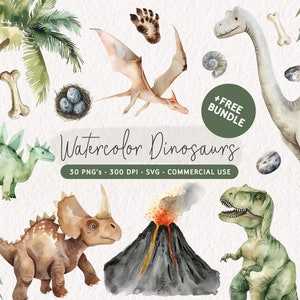 Paquete de imágenes prediseñadas de dinosaurios en acuarela, lindas imágenes prediseñadas de dinosaurios, decoración de fiesta de cumpleaños de dinosaurios, juego de baby shower de dinosaurios, dinosaurio PNG, Trex SVG