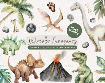 Watercolor Dinosaur Clipart Bundle, Cute Dino Clip Art, Dinosaur Birthday Party Decor, Dinosaur Baby Shower Set, Dinosaur PNG, Trex SVG