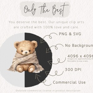Op de afbeelding: Een digitale illustratie van een bruine teddybeer die een beige deken met witte stippen draagt. De afbeelding is een PNG- en SVG-bestand zonder achtergrond, 4096 x 4096 pixels, 300 DPI en is bedoeld voor commercieel gebruik.