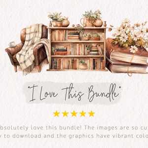 May include: A watercolor illustration of a cozy living room scene with a bookshelf filled with books, a comfy armchair with a blanket, and a stack of books with flowers on top. The text "I Love This Bundle" is written below the image.