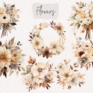 Op de afbeelding: Een set van zes aquarel illustraties van boeketten en kransen met beige, bruine en witte bloemen. De tekst "Flowers" is bovenaan de afbeelding in bruin geschreven.