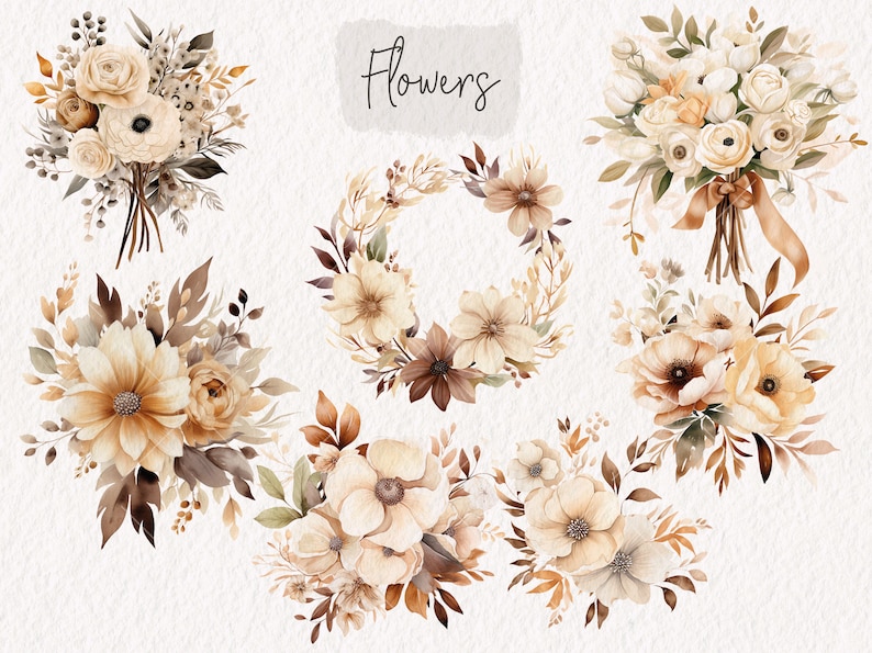 Op de afbeelding: Een set van zes aquarel illustraties van boeketten en kransen met beige, bruine en witte bloemen. De tekst "Flowers" is bovenaan de afbeelding in bruin geschreven.