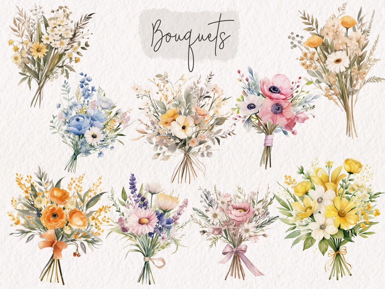 Puede incluir: Una colecci&oacute;n de diez ramos de acuarela con diferentes flores en tonos de amarillo, naranja, rosa, azul y blanco. Los ramos est&aacute;n dispuestos en una cuadr&iacute;cula y est&aacute;n etiquetados como "Bouquets" en la parte superior de la imagen.