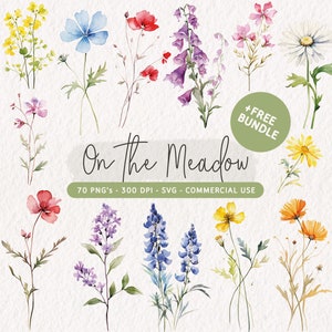 Watercolor Wildflower Clipart Bundle, Floral Clip Art Set, Summer Wildflowers PNG, Wildflowers Bouquet SVG, Floral Arrangement, Flower PNG