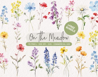 Watercolor Wildflower Clipart Bundle, Floral Clip Art Set, Summer Wildflowers PNG, Wildflowers Bouquet SVG, Floral Arrangement, Flower PNG